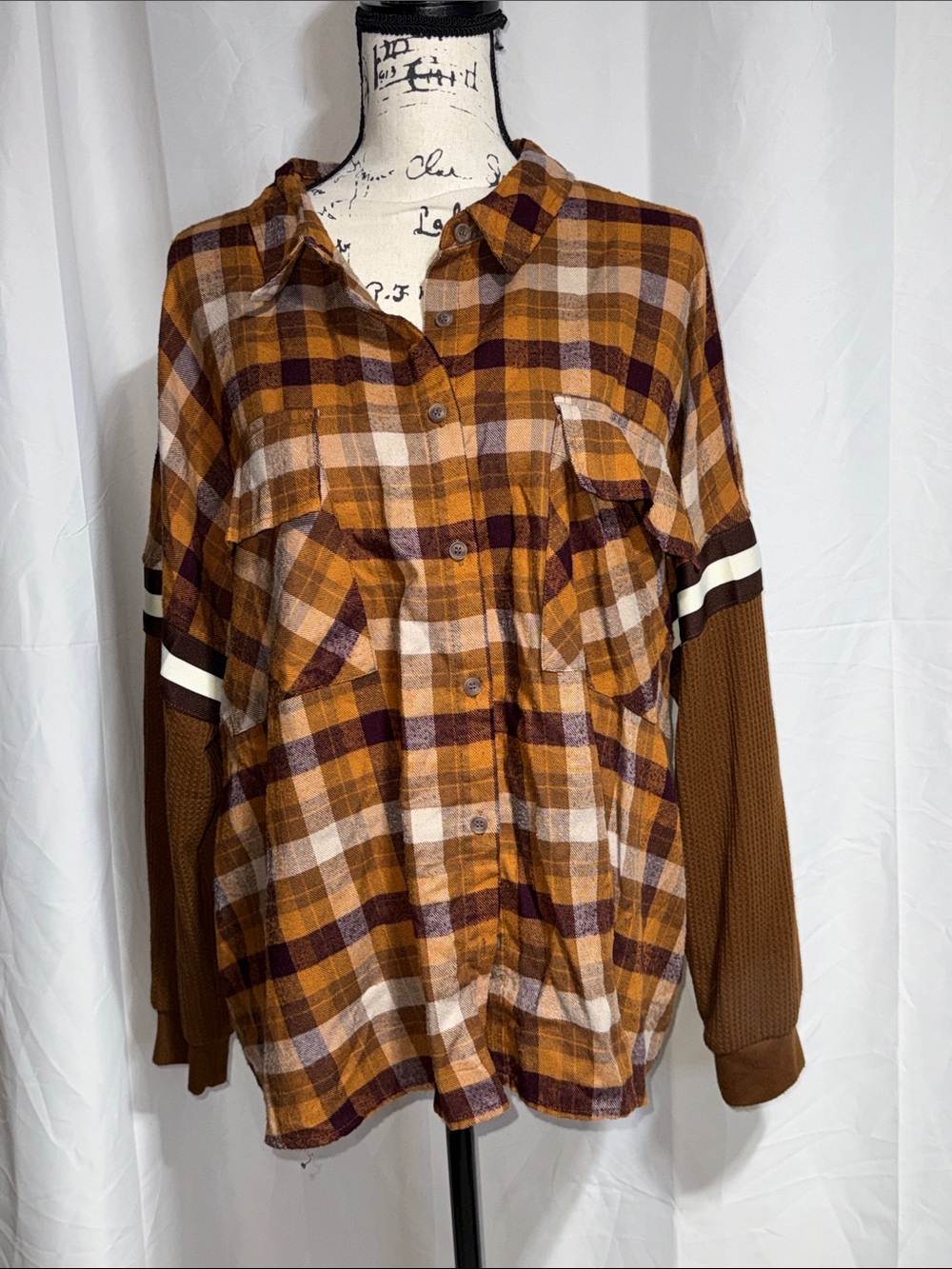 SO Brown and Gold Plaid Button-Down Shirt with Knit Sleeves